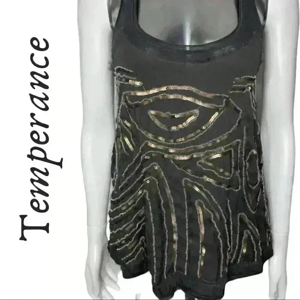 Temperance Boho Tank Top Sequin Beading  Grey Gold Size Small
